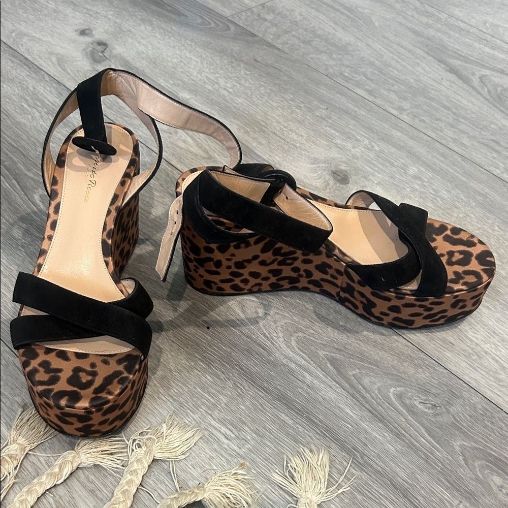 Gianvito Rossi Black and Brown Leopard Platform Sandals Sz 38 1/2